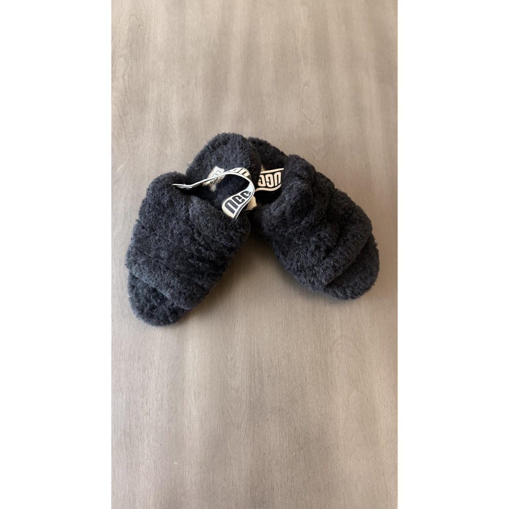 UGG Slippers Womens Size 7 Black Fluff Yeah Shearling Slide Logo Slingback Strap